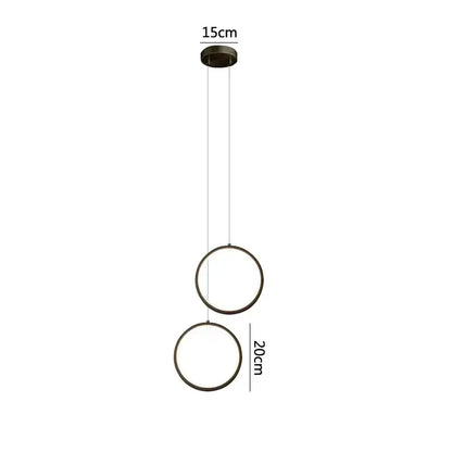 Modern black led pendant light by decorbites featuring two concentric rings suspended by thin cords for elegant bedroom use