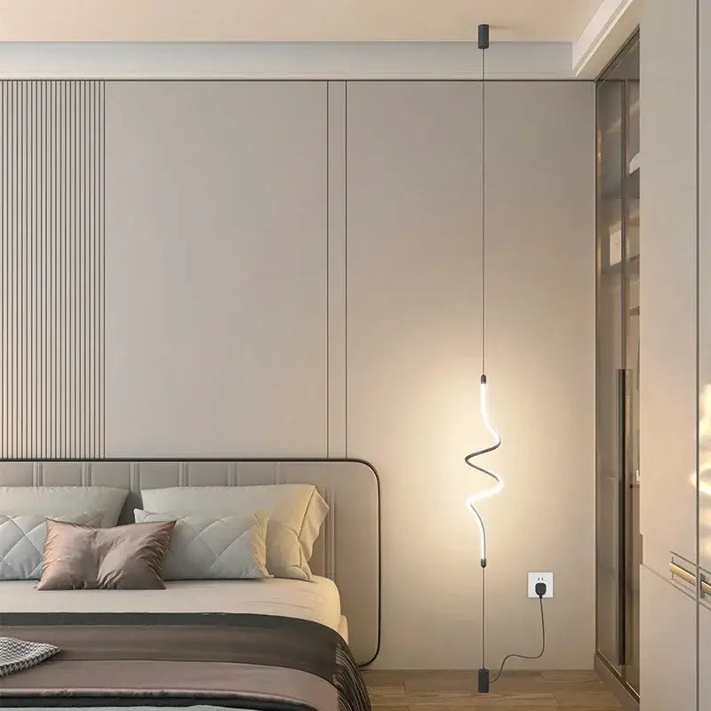 Decorbites black led pendant light featuring a sleek black metal frame and sinuous white led strip for modern decor