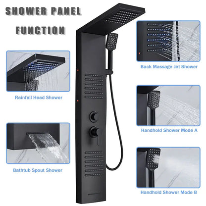 Black matte shower column with multiple spray heads and handheld shower attachment by DecorBites black led shower