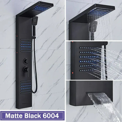 Matte black decorbites black led shower column with integrated rainfall head handheld spray nozzle and massage jets
