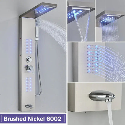Decorbites black led shower column in brushed nickel with rectangular rainhead handheld spray and integrated led lighting