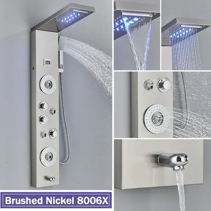 Brushed nickel shower column with rectangular rainhead and multiple handshower options from decorbites black led shower series
