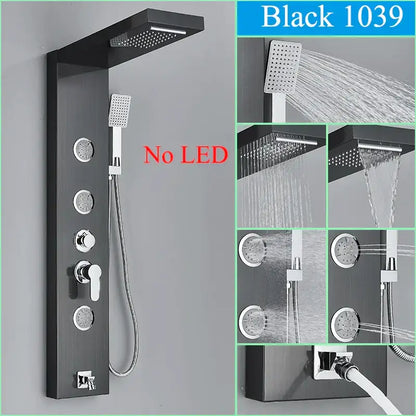 DecorBites black shower faucet panel with LED lights, large rainhead, multiple handshowers, and chrome controls