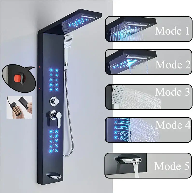 DecorBites™ black led shower faucet panel with waterfall rain system and massage spa spout featuring multiple spray modes