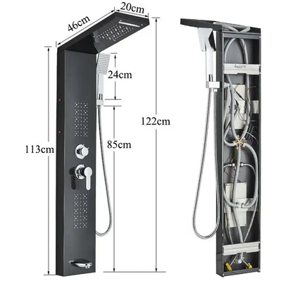 DecorBites™ black shower faucet panel with large rectangular rainhead handheld showerhead and chrome controls