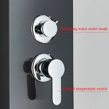 Chrome finished shower faucet panel featuring a circular mode switch and lever temperature control for DecorBites™ spa use