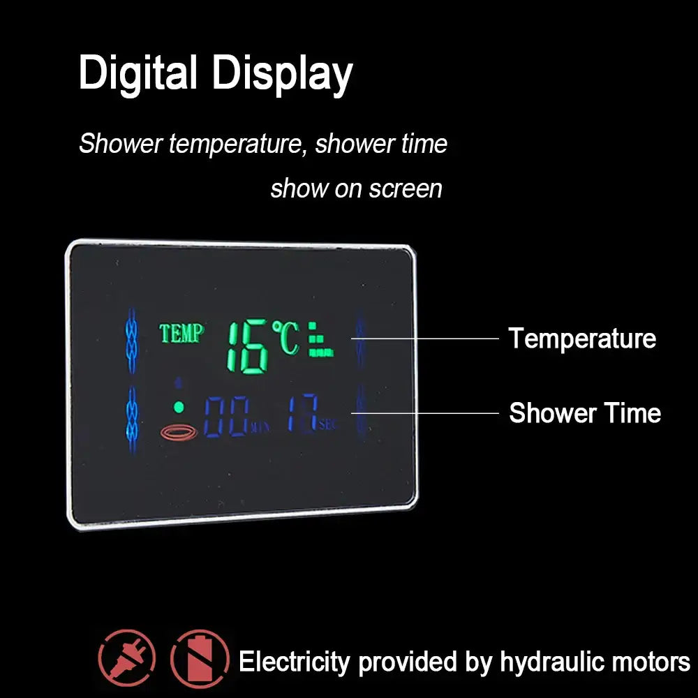Digital temperature and time display screen showing 16°c and 17 seconds on decorbites™ black led shower faucet panel