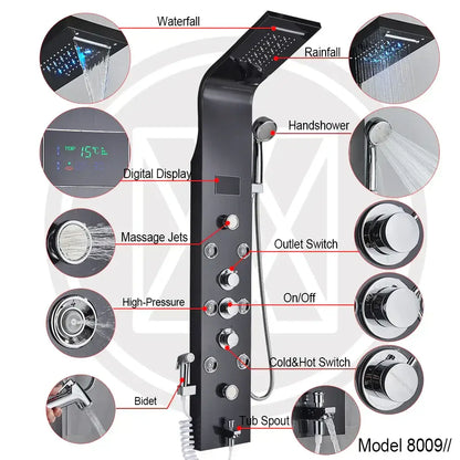 Black chrome finished DecorBites led shower faucet with multiple spray heads and digital display for spa massage use