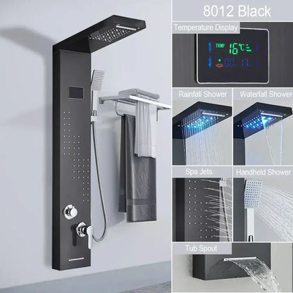 Black led shower panel 8012 model with multiple spray heads and digital temperature display by decorbites black led