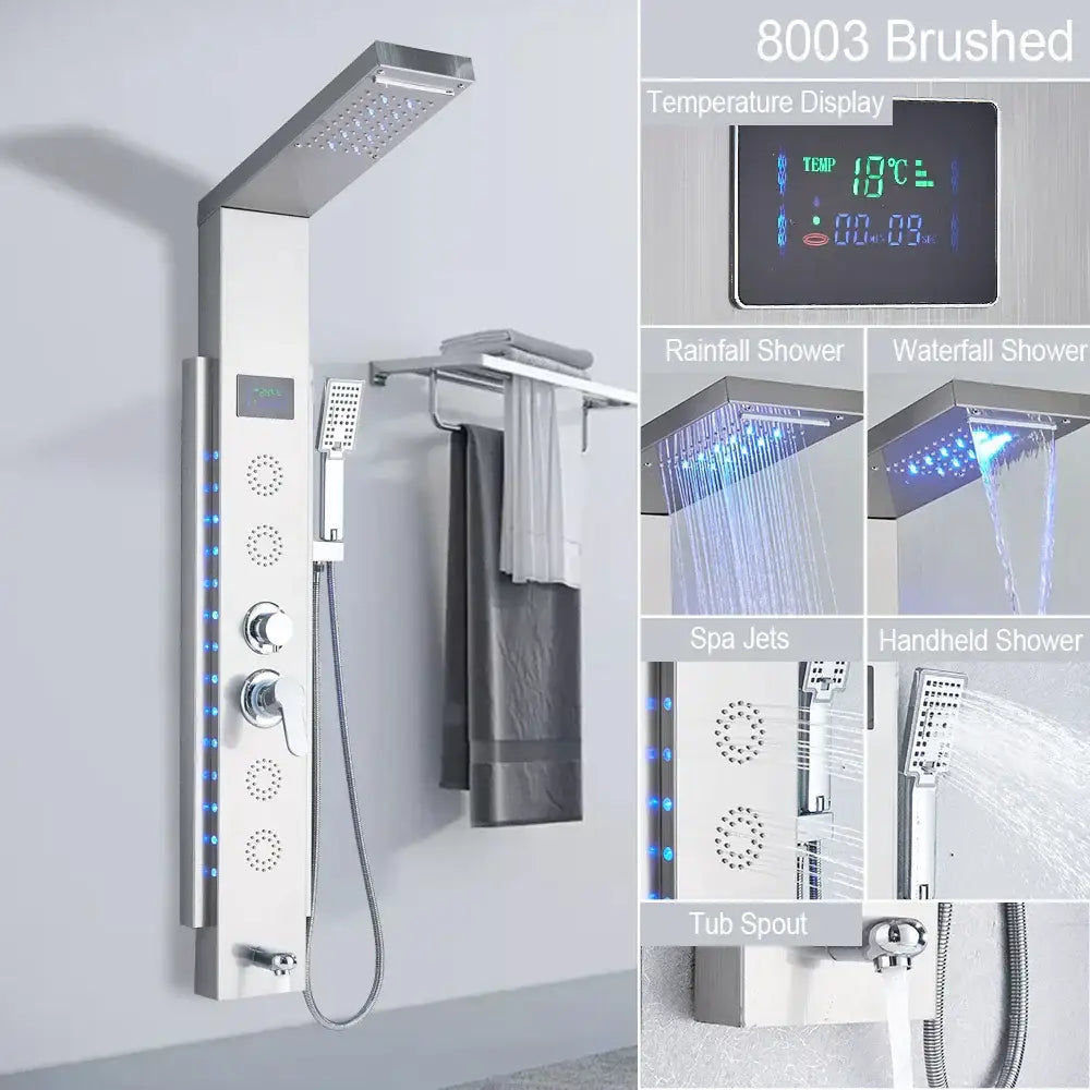 Modern brushed stainless steel DecorBites black led shower panel with multiple spray heads and digital temperature display