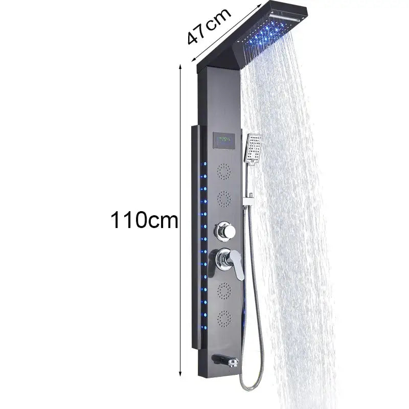 Decorbites black led shower panel 47cm x 110cm with digital display multiple spray settings and handheld showerhead
