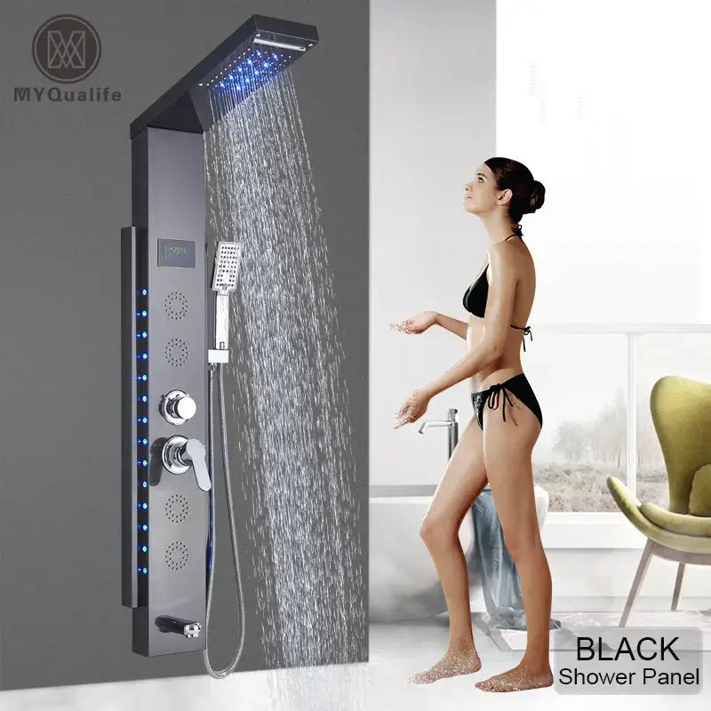 Decorbites black led shower panel with blue led lighting and five spray settings for wall mount bathroom use