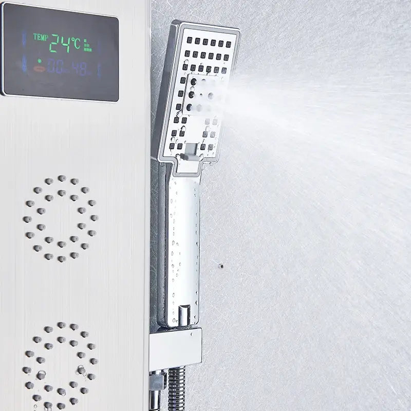 Modern chrome finished decorbites black led shower panel with digital temperature display showing 24°c for bathroom use