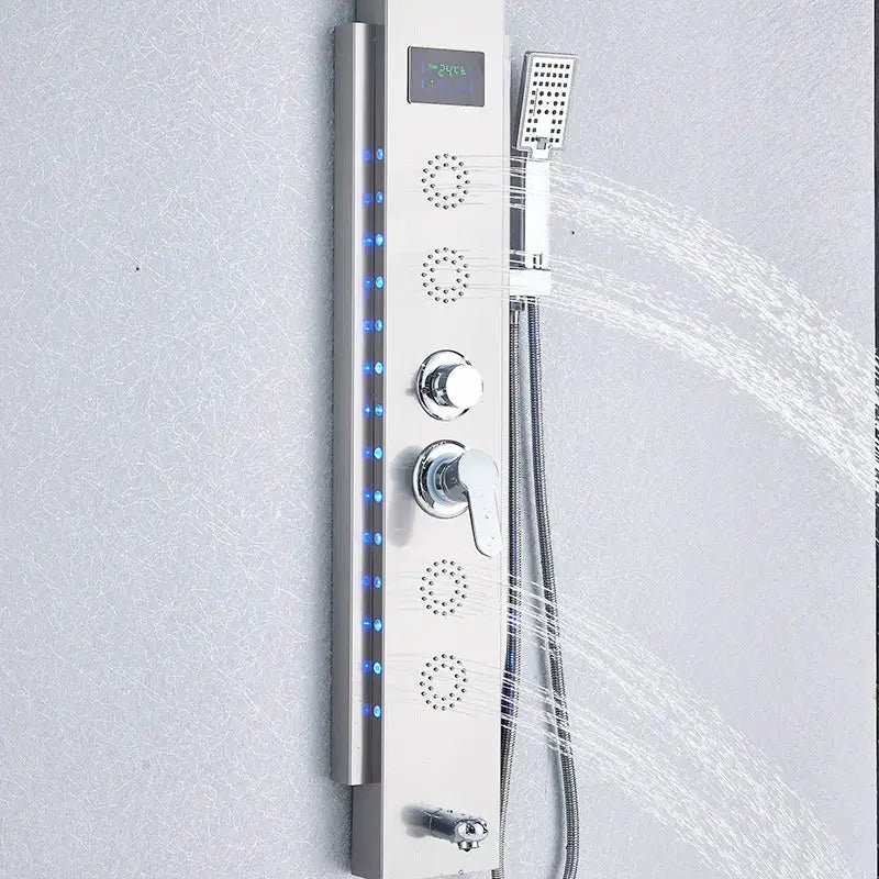 Modern chrome-finished decorbites black led shower panel with blue led lighting and multiple spray heads for wall mounting