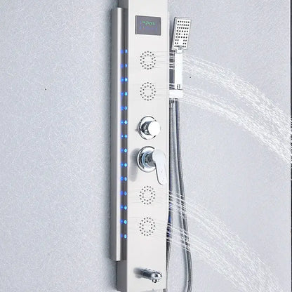 Modern chrome-finished decorbites black led shower panel with blue led lighting and multiple spray heads for wall mounting