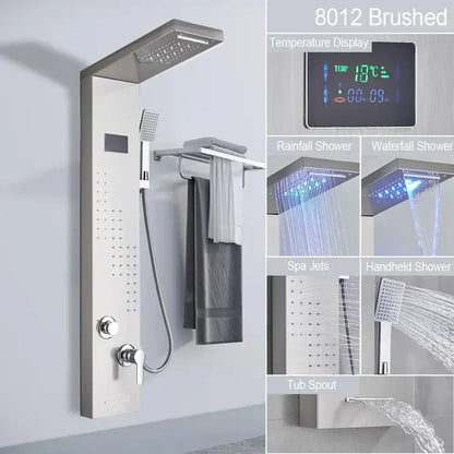 Brushed stainless steel 8012 decorbites black led shower panel with digital temperature display and multiple spray settings