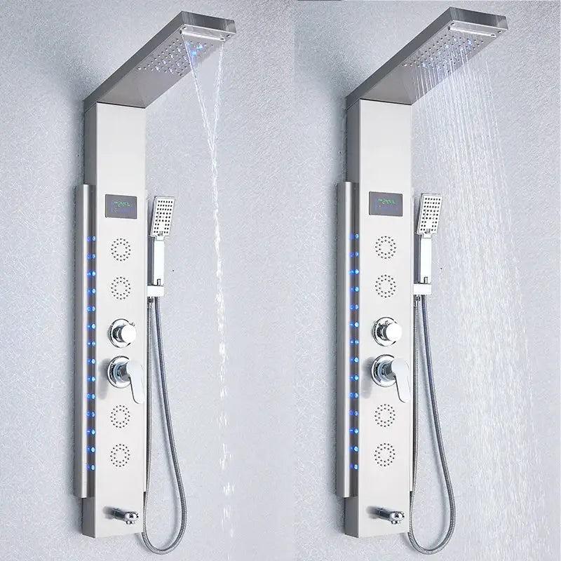 Modern chrome-finished decorbites black led shower panel featuring integrated led lighting and multiple spray settings