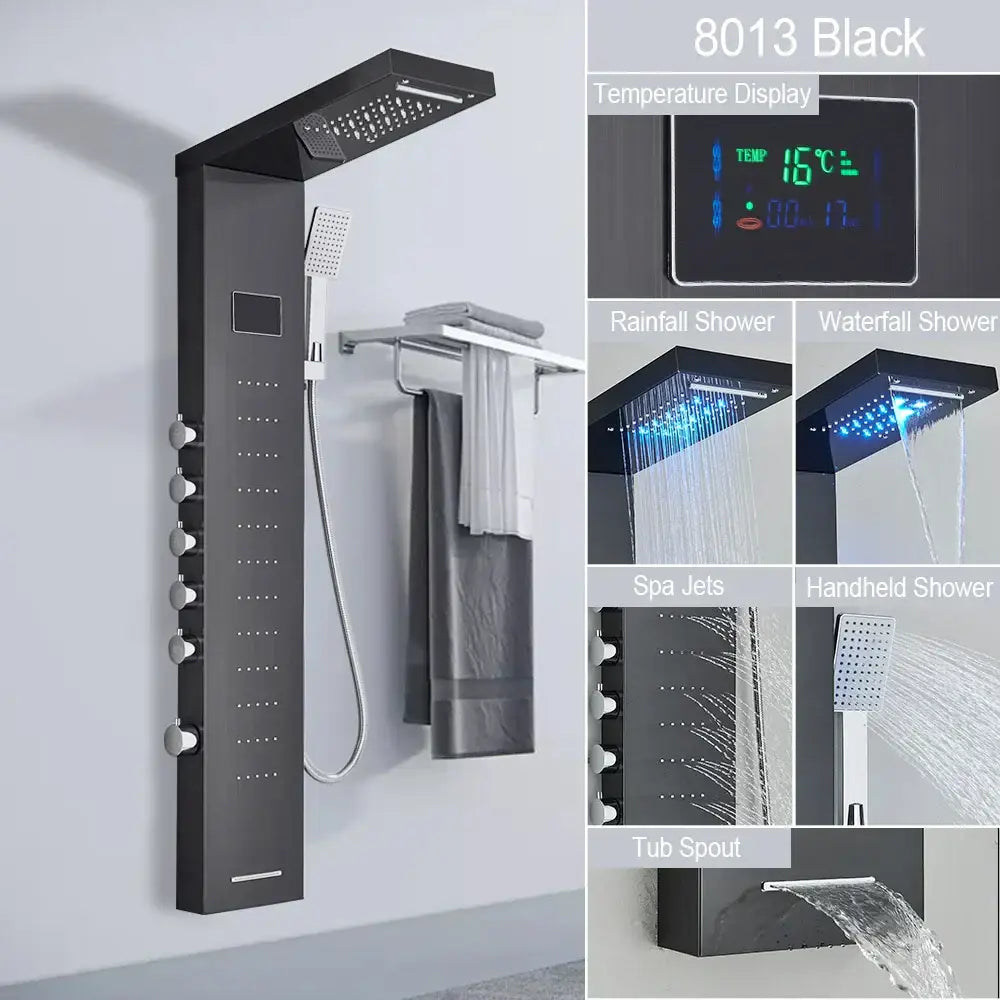 Black led shower panel 8013 model with digital temperature display and multiple spray settings for bathroom use