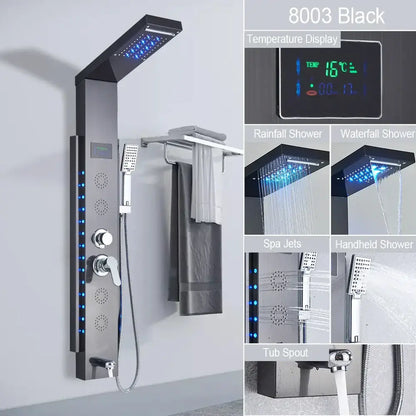 Decorbites black led shower panel 8003 model with sleek chrome accents and blue led lighting for hot and cold showers