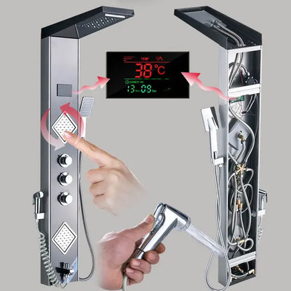 Modern chrome finished decorbites black led shower panel with digital temperature display and multiple spray heads