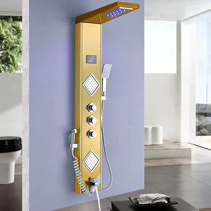 Gold-colored DecorBites black LED shower panel with rectangular rainhead, blue LED lights, digital screen, and thermostatic mixer
