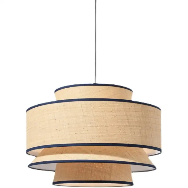 Beige woven lampshade with navy blue trim in tiered design on decorbites™ black led strip pendant light for dining room