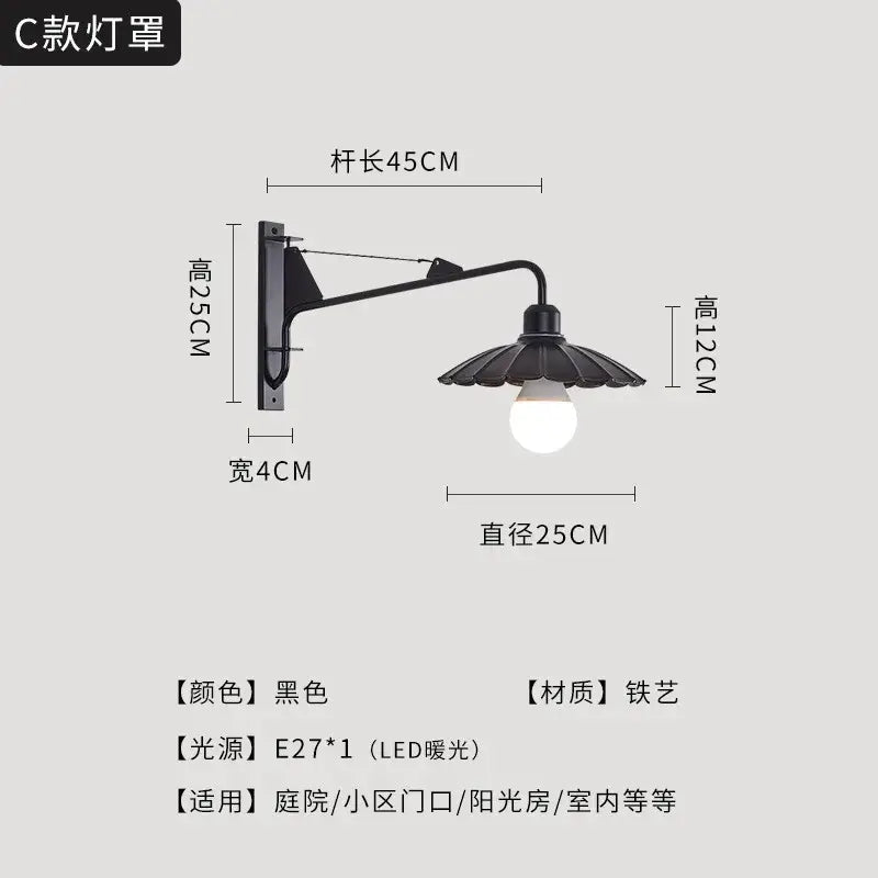 Decorbites black led swing arm wall lamp in black wrought iron with fluted petal shade and e27 led bulb for outdoor decor