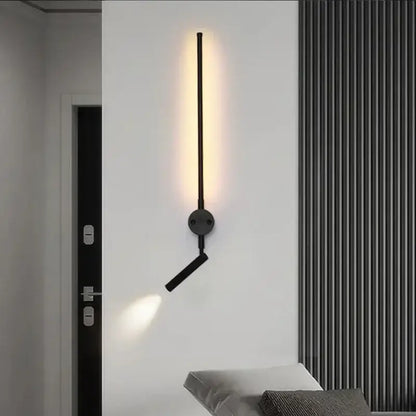 Black minimalist wall lamp with sleek vertical rod and adjustable spotlight decorbites black led for indoor lighting