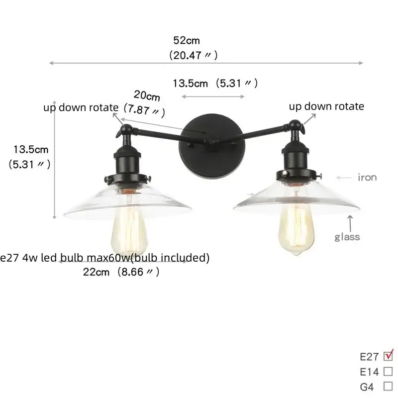 Decorbites black led wall sconce with two adjustable iron arms and clear glass shades for bedroom or bathroom use