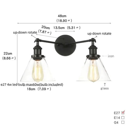 Decorbites black led wall sconce with two adjustable iron arms and clear glass shades for bedroom bathroom mirror lighting