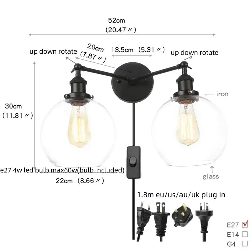 Black iron wall sconce with two adjustable arms and edison bulbs in decorbites black led wall sconce for bedroom