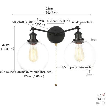 Black iron wall sconce decorbites black led with two adjustable arms and clear glass globes for bedroom bathroom mirror
