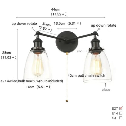 DecorBites black LED wall sconce with two adjustable black iron arms and clear glass shades for bedroom or bathroom use