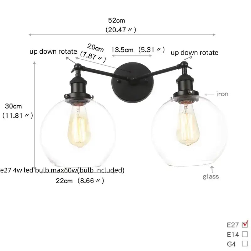 Black iron decorbites black led wall sconce with two adjustable arms and exposed filament bulbs for bedroom and bathroom