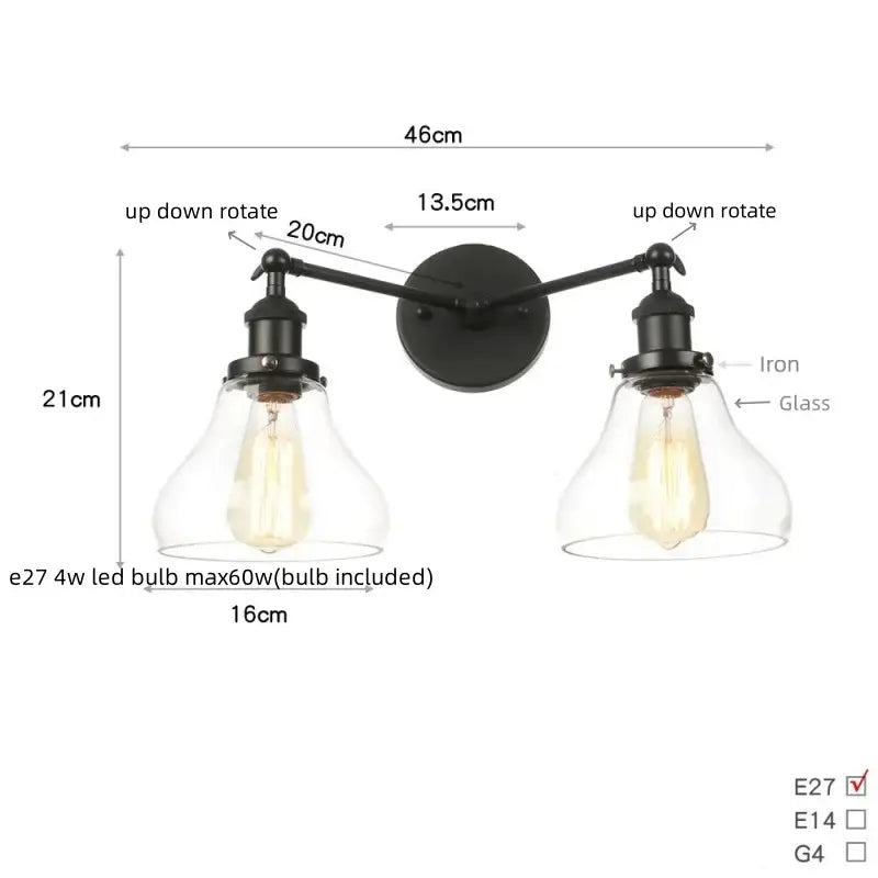Decorbites black led wall sconce with two adjustable black iron arms and clear glass shades for bedroom and bathroom use