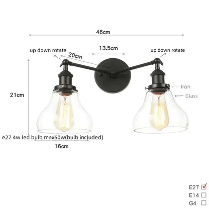 Decorbites black led wall sconce with two adjustable black iron arms and clear glass shades for bedroom and bathroom use