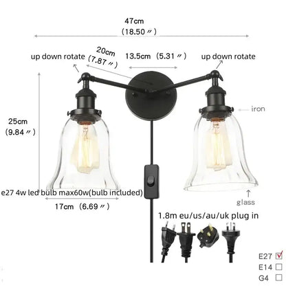 DecorBites black led wall sconce with two up-down rotating iron arms and clear glass shades for bedroom or bathroom mirror