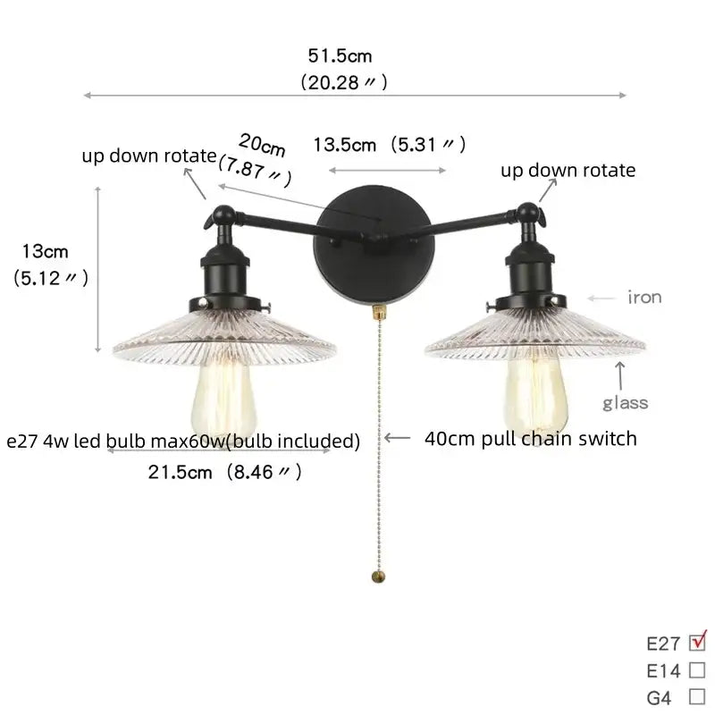Black iron decorbites black led wall sconce with two adjustable arms and clear glass shades for bedroom and bathroom mirror