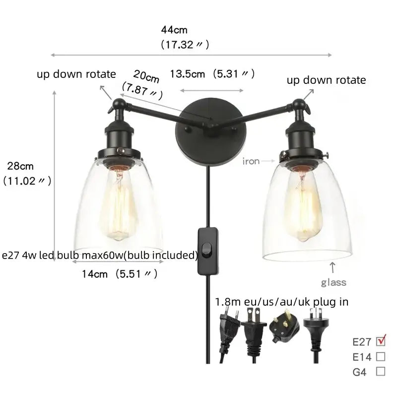 Black iron decorbites black led wall sconce with two adjustable arms and clear glass shades for bedroom or bathroom mirror