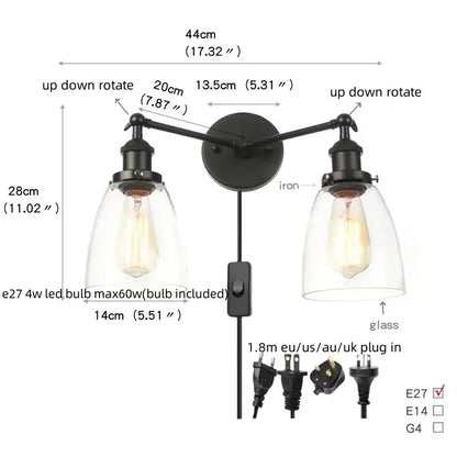 Black iron decorbites black led wall sconce with two adjustable arms and clear glass shades for bedroom or bathroom mirror