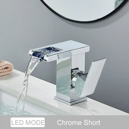 Decorbites black led waterfall bathroom faucet with chrome finish sleek modern design and three color led lighting