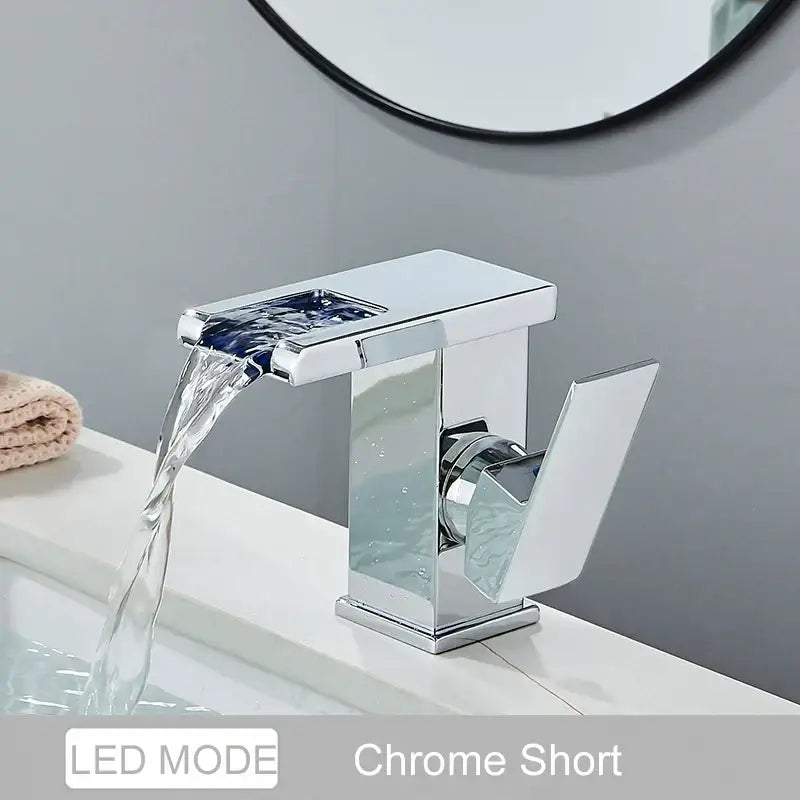 Decorbites black led waterfall bathroom faucet with sleek matte finish deck mounted three color change design