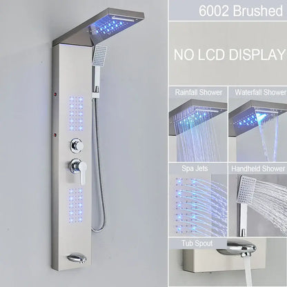 Decorbites black led waterfall rain shower panel faucet set in brushed stainless steel with massage jets and led lighting