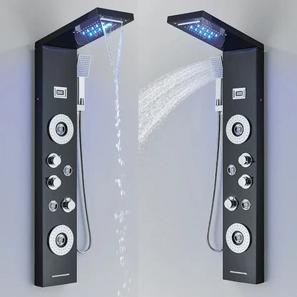 Decorbites black led waterfall rain shower panel with dual overhead rain showers and chrome control knobs