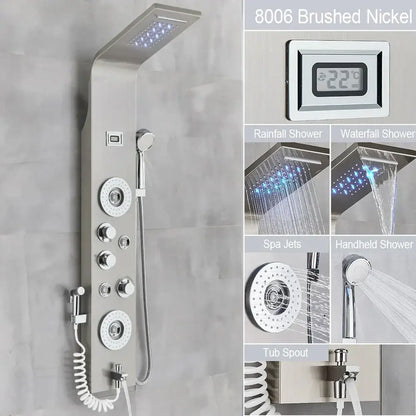 Decorbites™ black led waterfall rain shower panel with brushed nickel system and digital temperature display