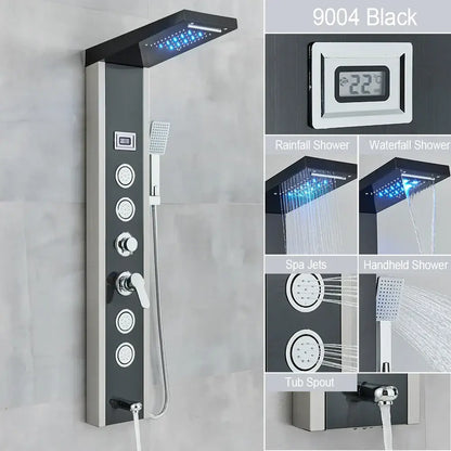 Decorbites black and chrome 9004 shower panel with led waterfall rain lighting and multiple spray settings including spa jets