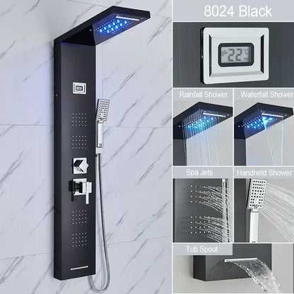 DecorBites™ black 8024 model LED waterfall rain shower panel with multiple spray modes and massage jets for luxury showers
