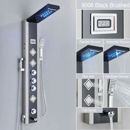 Decorbites black brushed stainless steel shower panel with led waterfall rain and digital display with massage jets