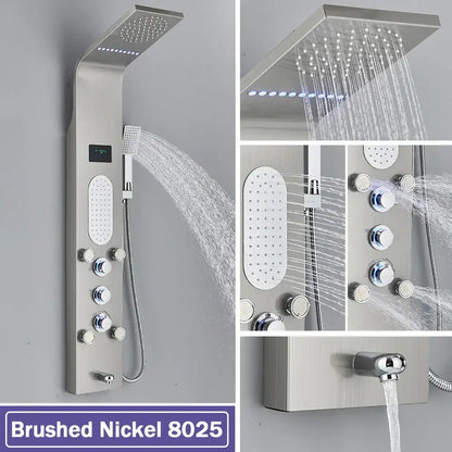 Brushed nickel decorbites black led waterfall shower panel with large rainhead multiple jets chrome knobs and led lighting