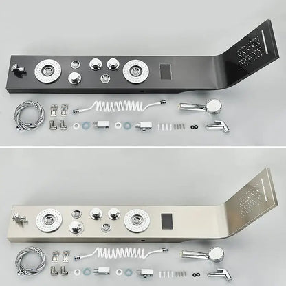 Modern black led waterfall shower panel by decorbites featuring chrome finish multiple spray heads and digital display